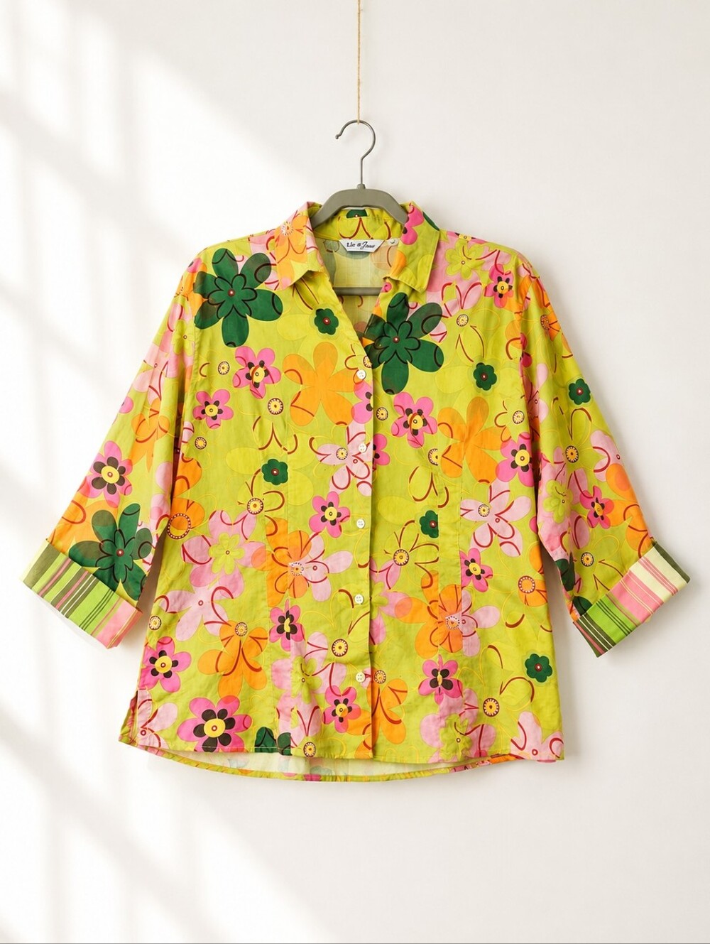 Liz & Jane Retro Floral Print Blouse 60s 70s Lime Pink Orange 3/4 Sleeve Size XL